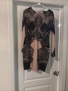 Long Sleeve Lace-Pattern Bodycon Dress in Blush and Black